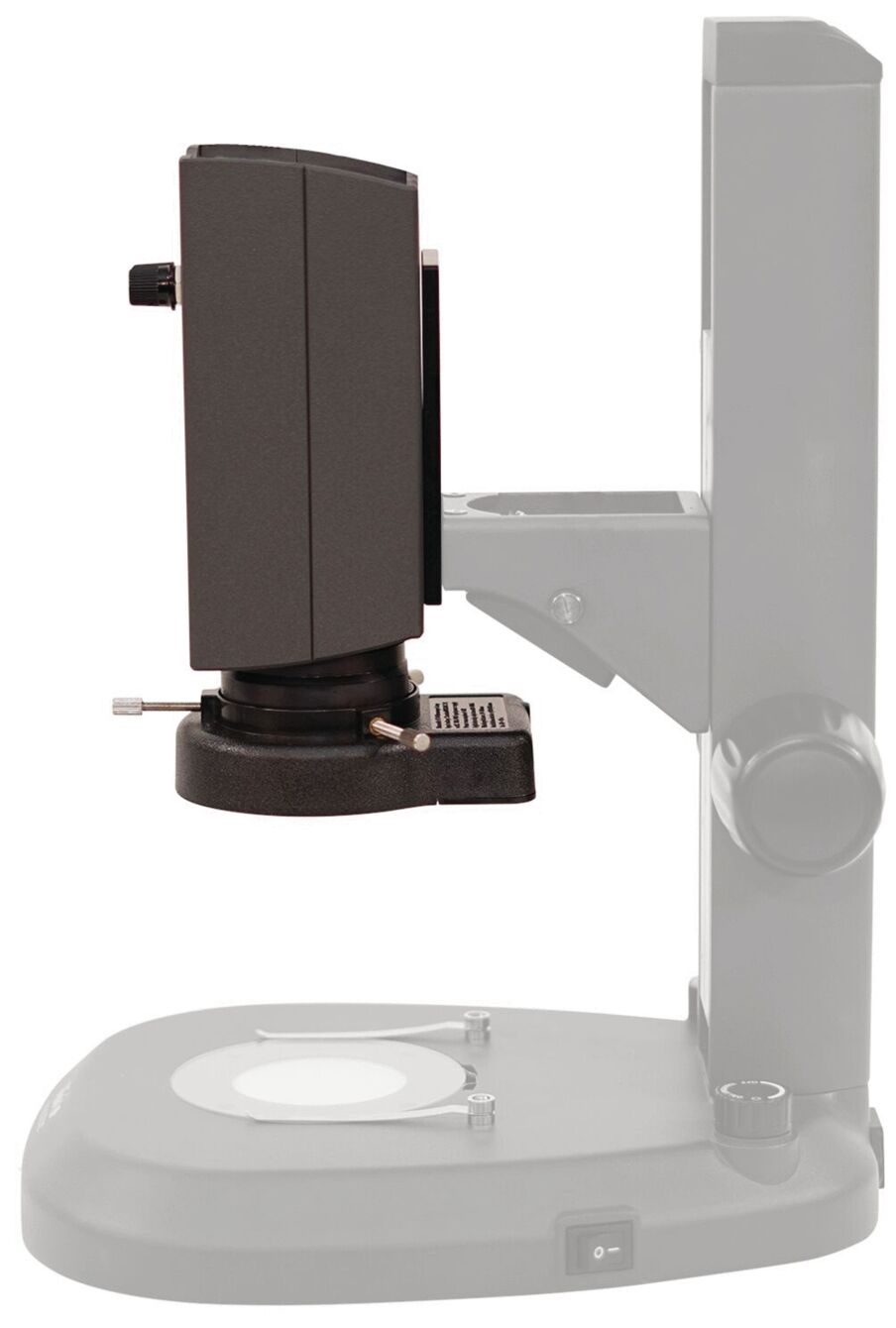 The image shows a microscope with a black upper part mounted on a stable, gray base. The base has a round, transparent area in the center.