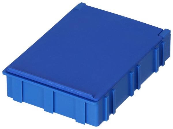 The image shows a blue plastic box, rectangular with a flat lid. The box has vertical ridges and is sturdy, ideal for storing items.