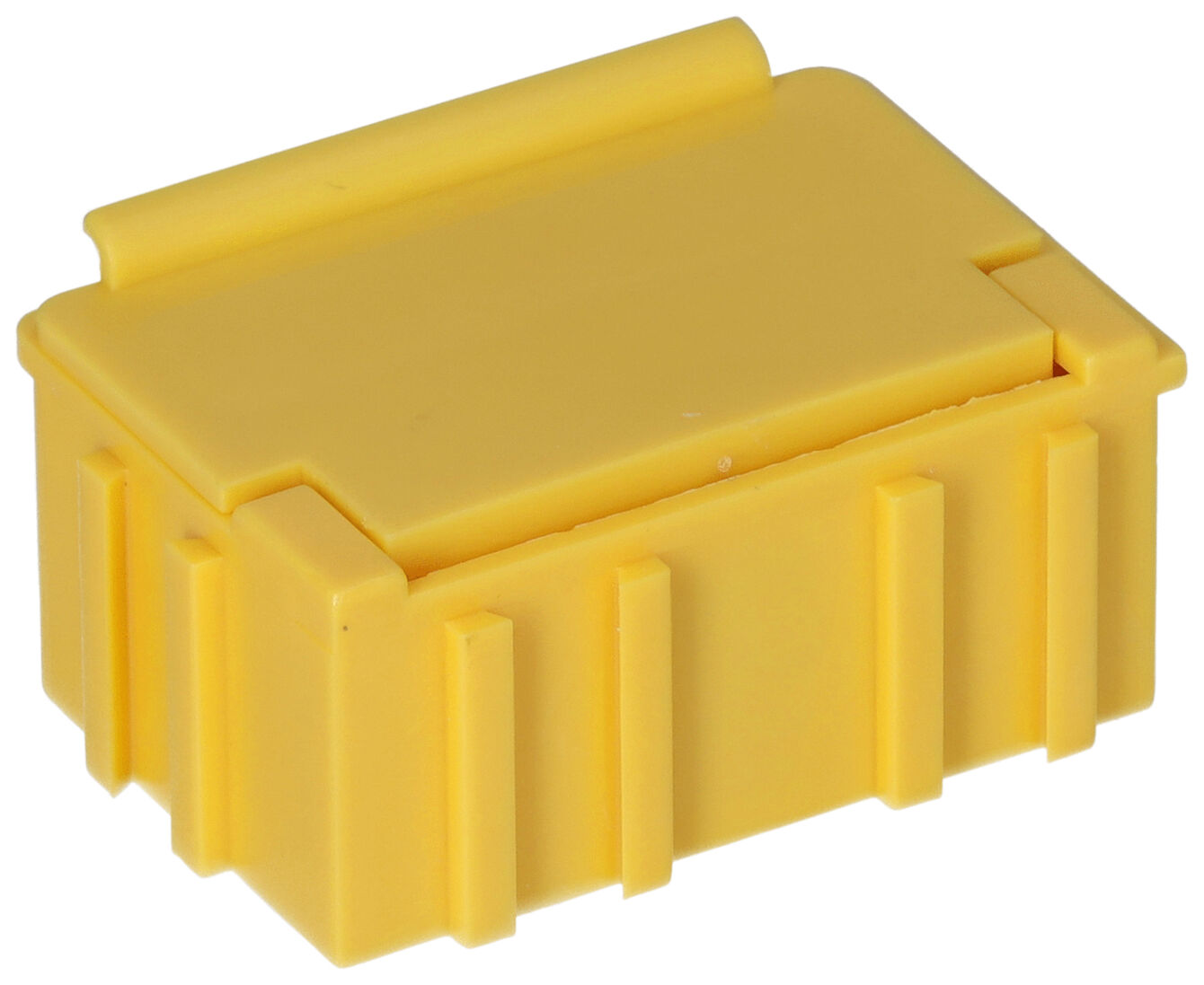 The image shows a small, yellow plastic box with a flat lid. The box has vertical ridges on the sides and appears sturdy and stable.