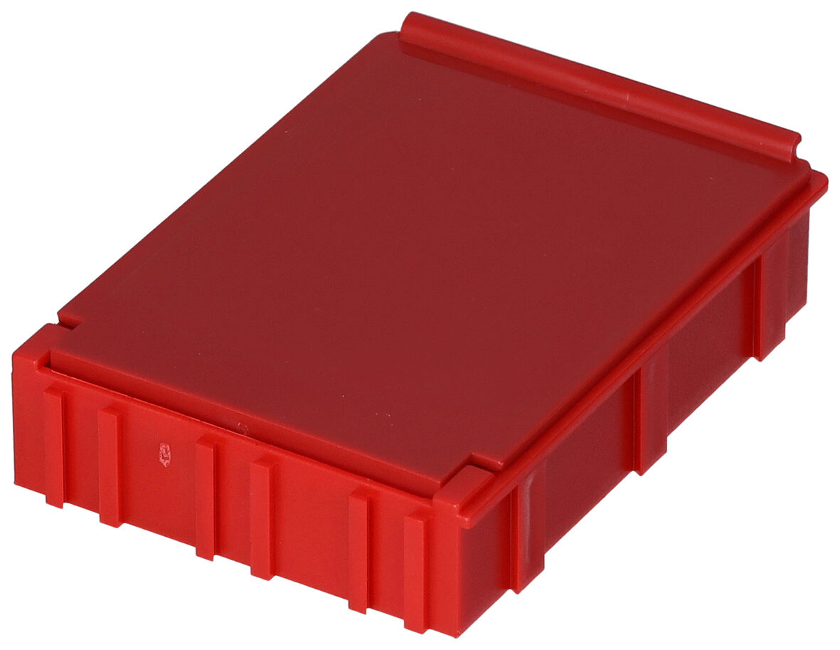 The image shows a red, rectangular plastic box with a flat top and ridged sides. It has a simple, functional shape and is sturdy and durable.