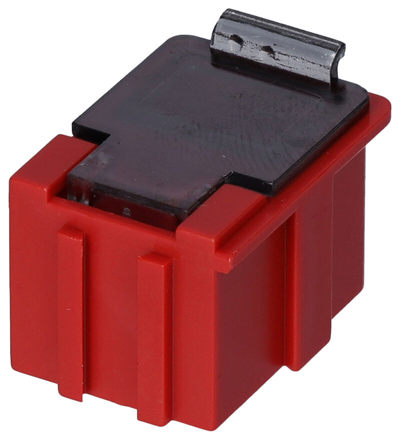 The image shows a red plastic connector with a black cap. The shape is rectangular with side grooves and a small clip on top. It is probably used for electrical connections.