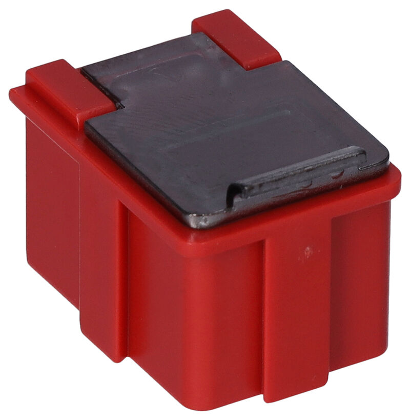 This is a red, rectangular junction box with a gray, flat lid. The edges are rounded, and it has side mounts. It appears compact and sturdy.