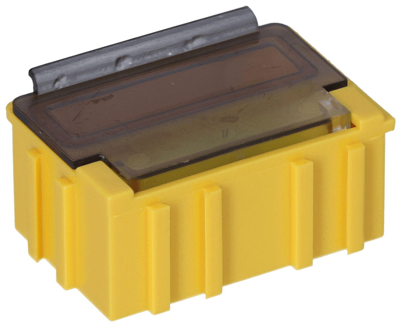 The image shows a small, yellow box with a transparent lid. The lid has a metallic edge. The box features side grooves and appears sturdy and functional.