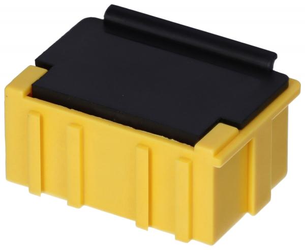 The image displays a small, rectangular container. It is primarily yellow with a black lid. The container has vertical ridges on the sides and appears sturdy and practical.