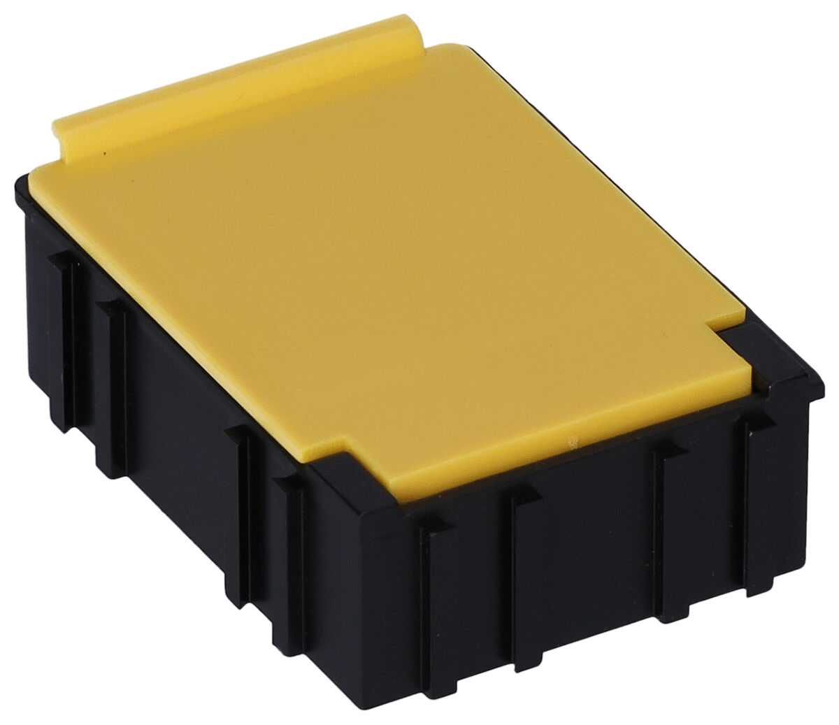 A rectangular container made of black plastic with a flat, yellow top. The container has grippy sides and a flap on the top. Ideal for storing items.