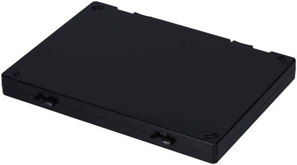 The image shows a flat, rectangular box in black. It has rounded corners and four small mounts at the corners, which may be used for mounting. The surface is smooth.