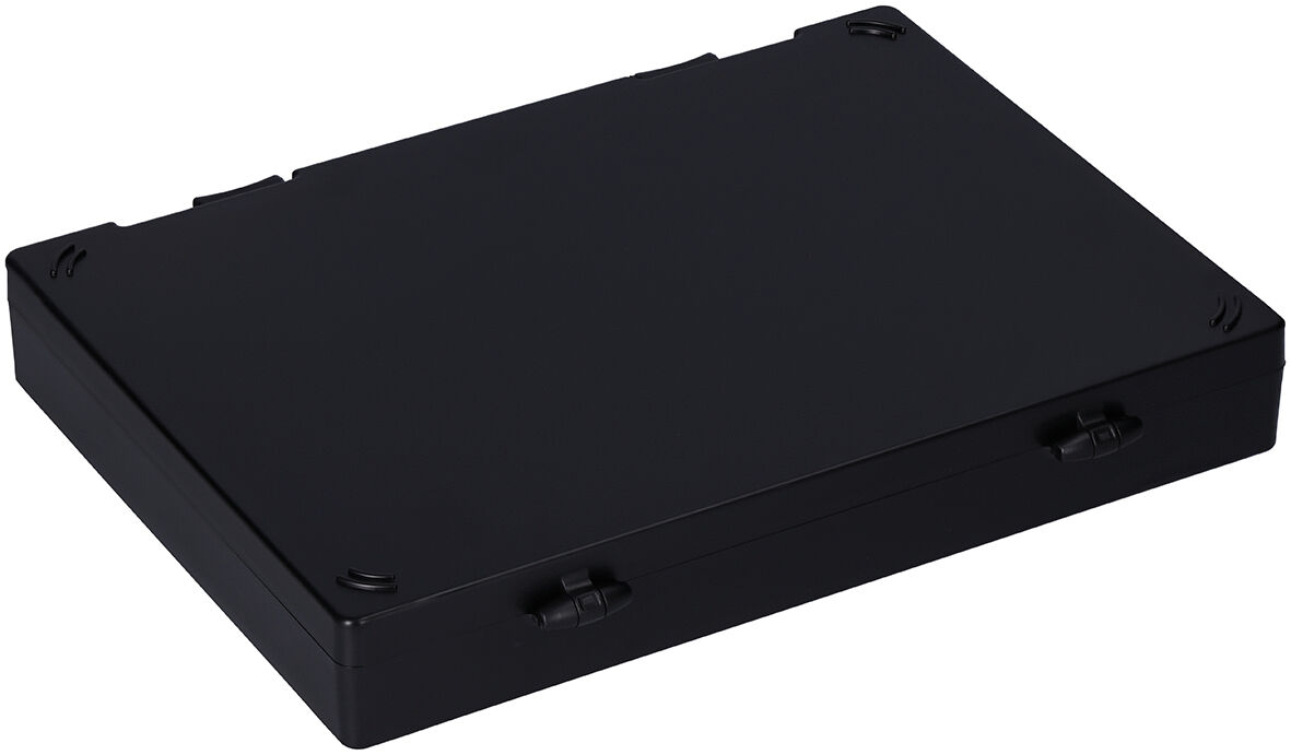 The image shows a rectangular, flat black box. It has branched corners and two clasps on the front. The surface is smooth and inconspicuous.