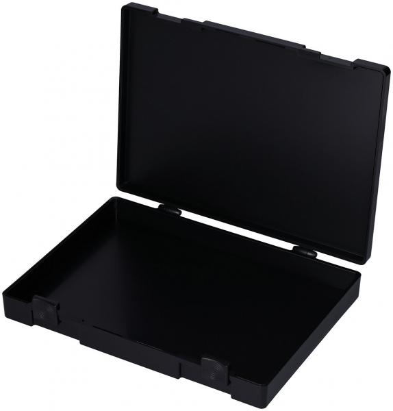 The image shows a flat, black container that is open. The walls are straight, and it has a sturdy lid. The bottom is smooth and without any inserts.