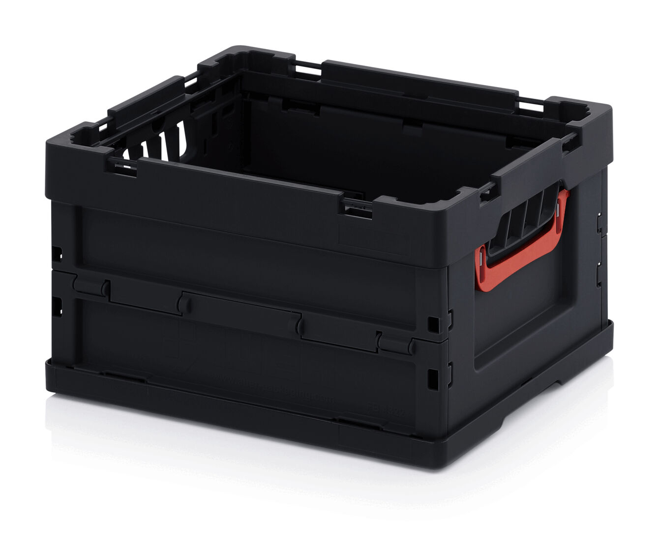 The black plastic container has open sides with air holes and a red handle opening on one side. It is sturdy and has a rectangular shape, suitable for storage or transport.