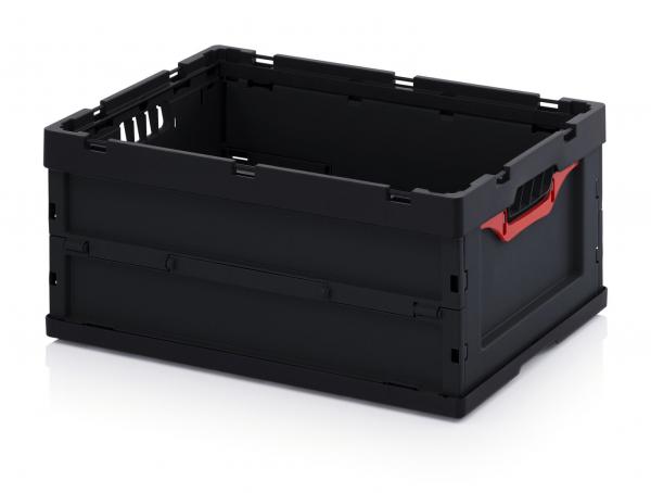 This is a black plastic box without a lid. The corners are reinforced, and one side has a red handle. The box has a rectangular shape and open ventilation holes.