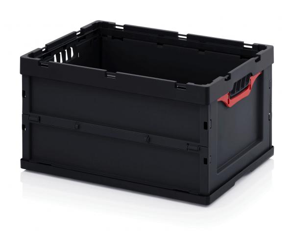 It is a black, rectangular plastic box. It has open sides with air holes and a red handle opening on one of the short sides. The box is sturdy and stackable.