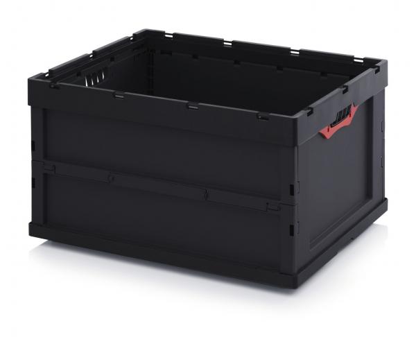 It is a black, square box with open sides. The top edge is reinforced, and a red label is attached to one side. The box appears sturdy and stackable.