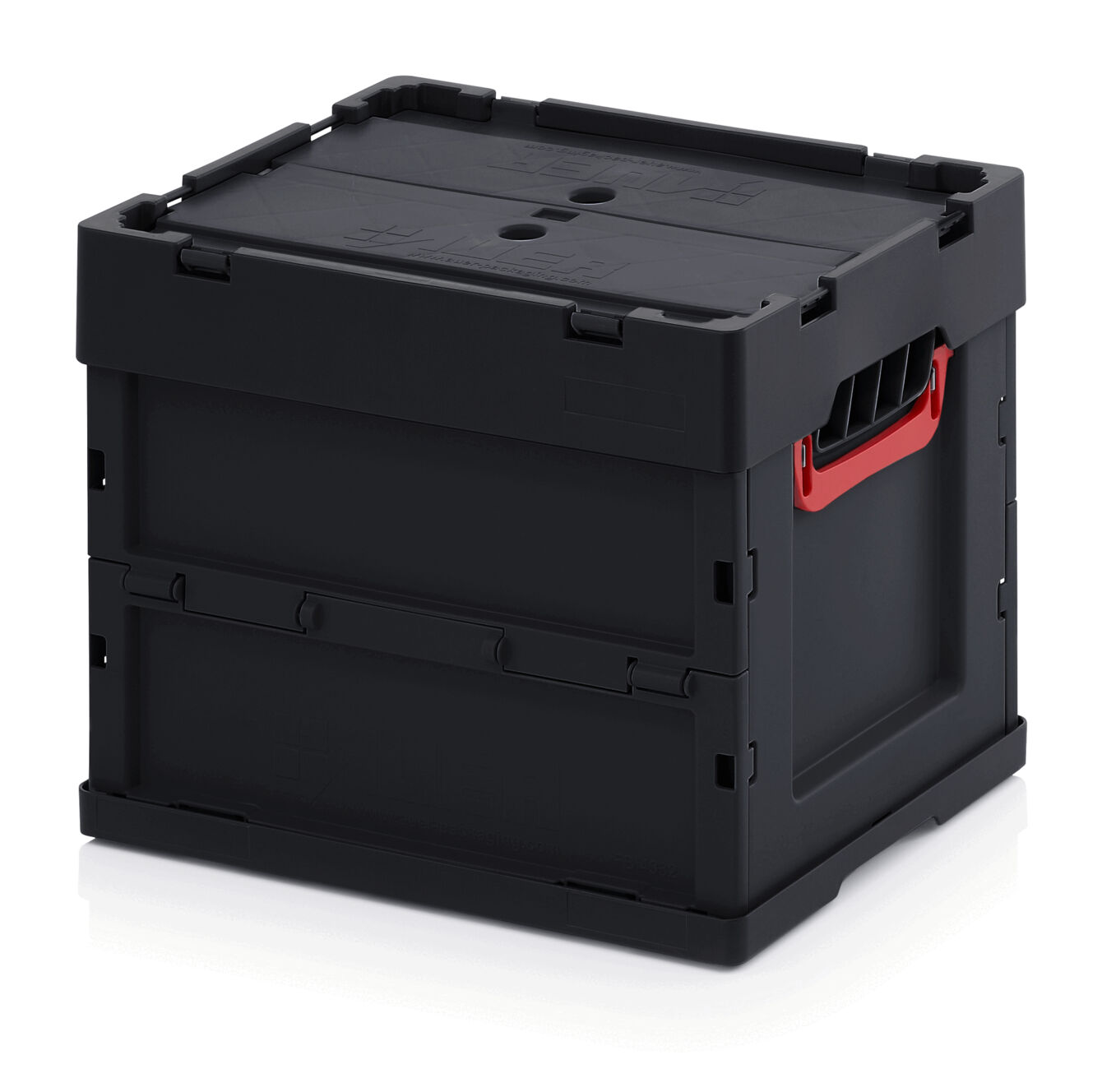 It is a black plastic box with a rectangular shape. It has a sturdy lid and red handles on the sides. The box appears robust and practical for storage.