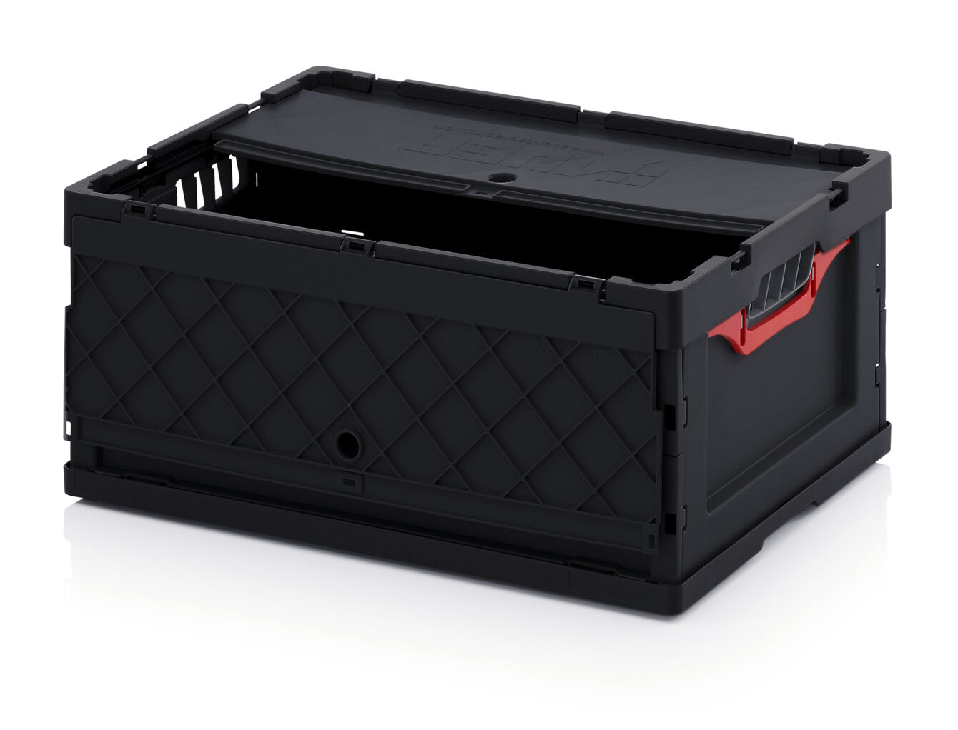 The image shows a black transport box with a foldable lid and a red handle strap. The sides are grid-like perforated, which provides ventilation.