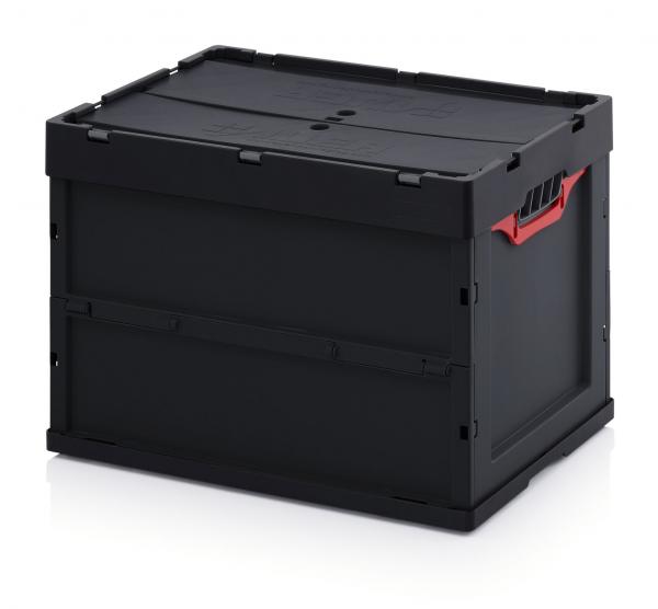 It is a black plastic box with a sturdy, closed lid. On one side are red handles that make carrying easier. The box has a rectangular shape.