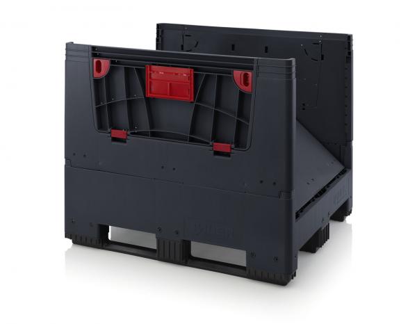 This is a sturdy, rectangular container in black with red handles. It has an open front and a trapezoidal back, ideal for storage and transport.