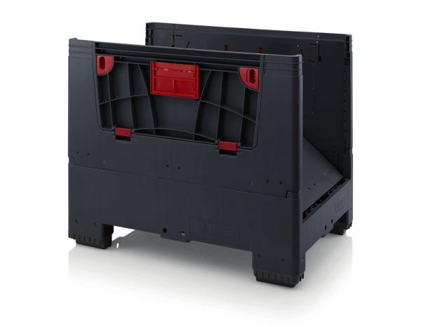 The image shows a sturdy, black plastic container with red elements. It has an upright, rectangular shape and is designed for storing or transporting materials.