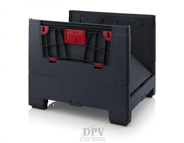 The image shows a black, sturdy storage box with red accents. It has a rectangular shape, high side walls, and an opening on the front that facilitates access.