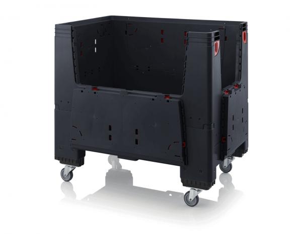 The image shows a large, black transport container on wheels. It has a rectangular shape, is sturdy, and features openings on the sides. The corners are rounded.