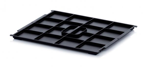 The image shows a black, flat plastic plate with a rectangular shape. It has a textured surface with several equal-sized compartments and a central handle.