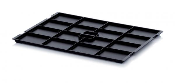 The image shows a rectangular, black tray with several small compartments. It has a smooth surface and a central cutout for easy handling.