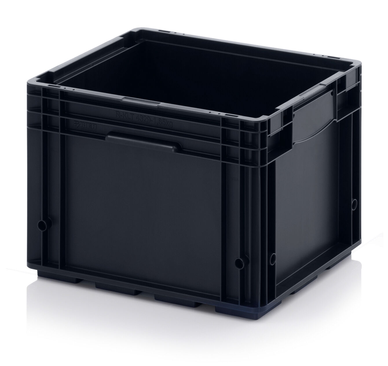 It is a black, square plastic box without a lid. It has handles on the sides and is sturdy, ideal for storing or transporting items.