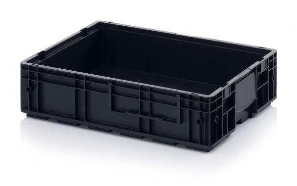 The image shows a rectangular, black plastic box without a lid. It has smooth walls and is sturdy, with small grooves for additional grip. Ideal for storing items.