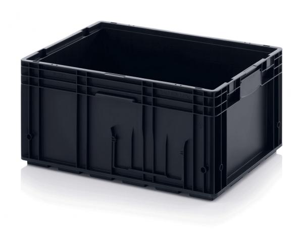 It is a black plastic box without a lid. It is rectangular with sturdy walls and handles on the sides, ideal for transport or storage.