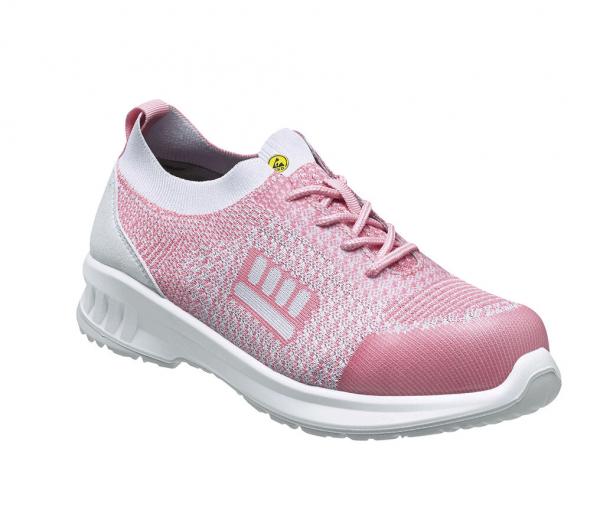 The shoe is a light, sporty sneaker in pink and white. It features a knitted upper, a cushioned sole, and lacing that ensures a good fit.