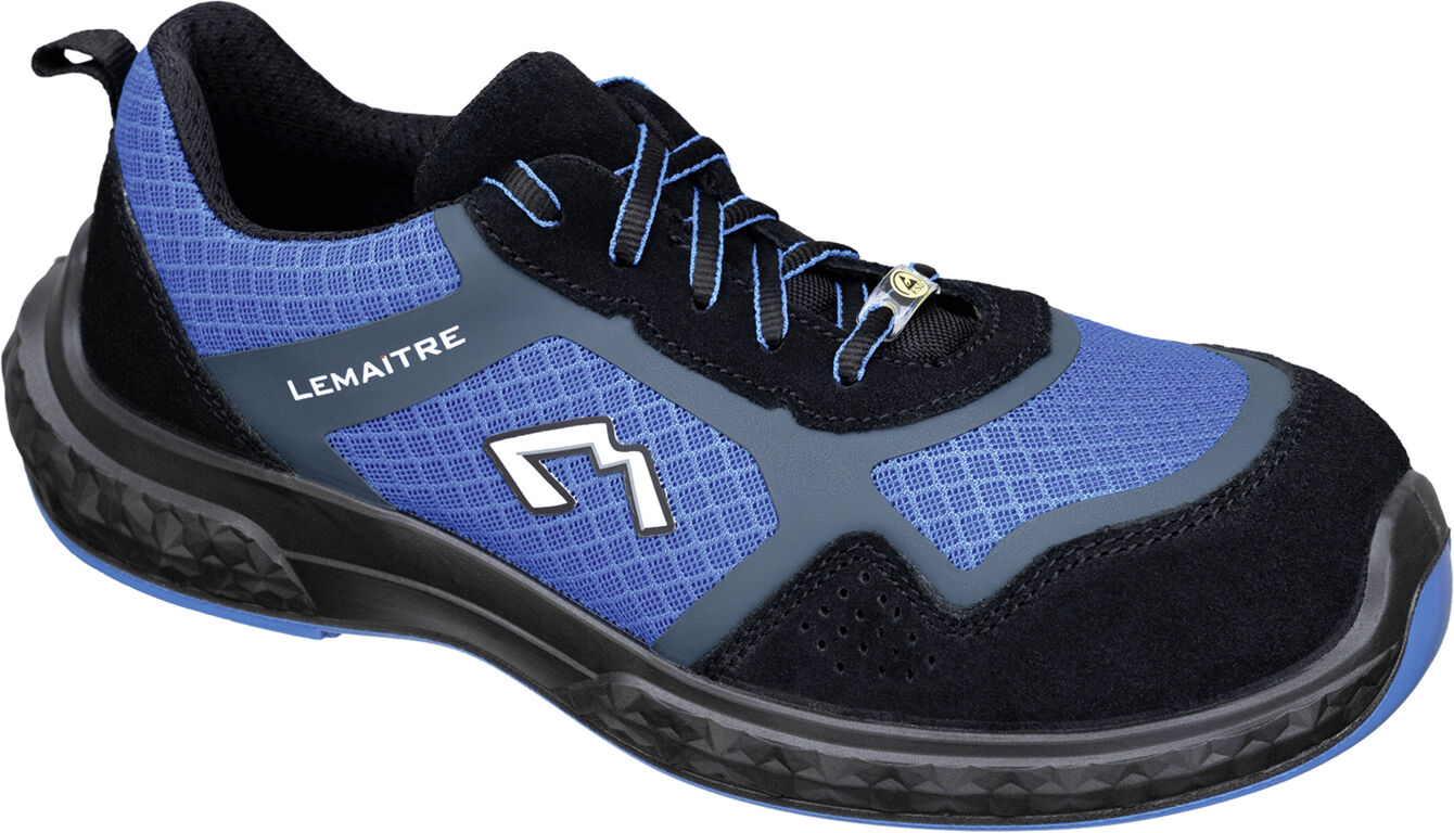 The shoe is a sporty safety shoe with a blue and black upper. It features a cushioned sole, laces, and a modern design. Ideal for work and leisure.