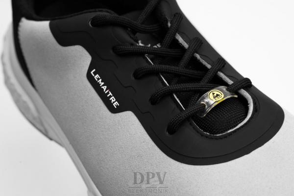 The image shows a sporty shoe in gray and black. It has a flat sole, laces, and a striking logo. The materials appear lightweight and breathable.