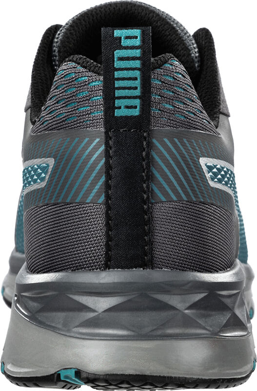 The image shows the rear view of a sporty sneaker. It is primarily in gray with turquoise accents. On the heel, the word "PUMA" is written in vertical alignment.