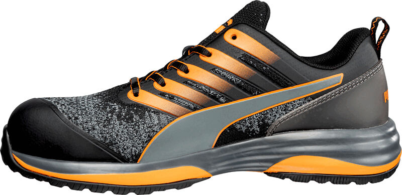 The shoe is sporty and modern, in black with orange and gray accents. It features a padded sole and laces, ideal for comfort and safety.