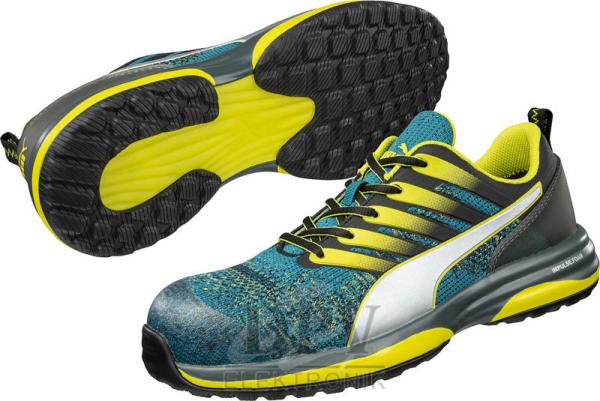 The image displays a pair of responsible, athletic shoes in blue and yellow. They feature a gray sole and are equipped with laces. The surface is partially textured.