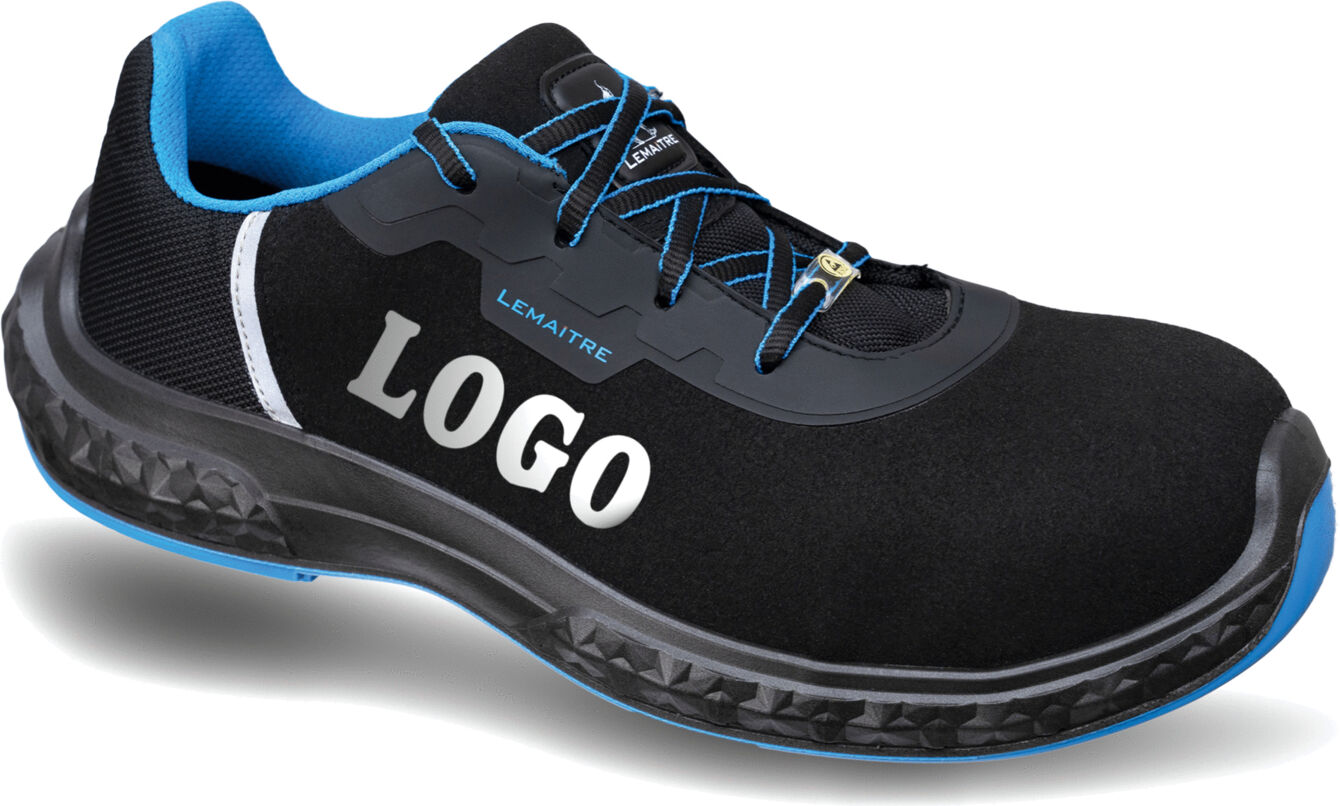 The image shows a black safety shoe with blue accents. It has a sturdy sole and provides protection and stability. The shoe features lacing and a prominent logo.