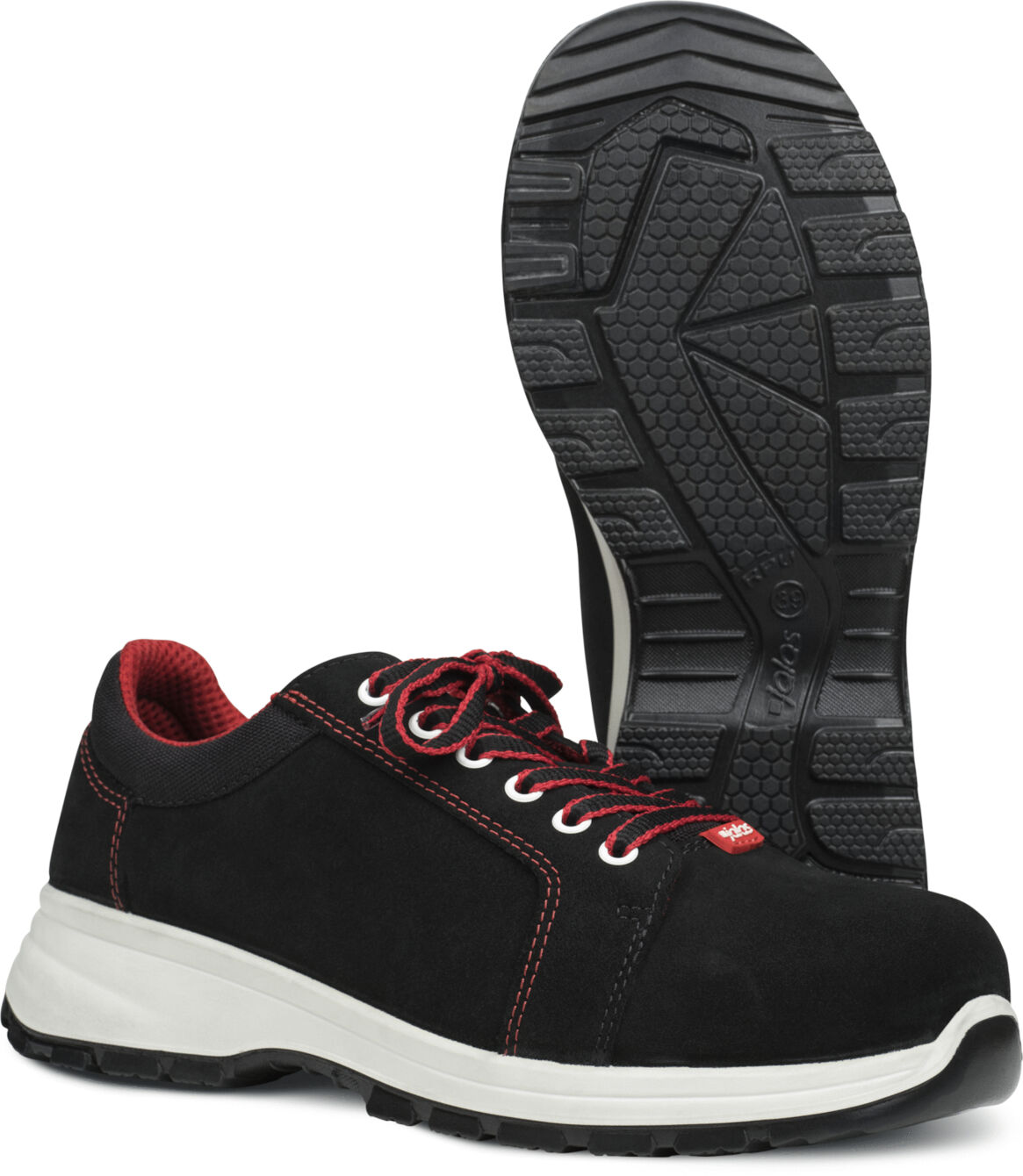 The picture shows a pair of black casual shoes with red laces. The sole is white with a textured, grippy surface pattern. The shoes appear sporty and sturdy.