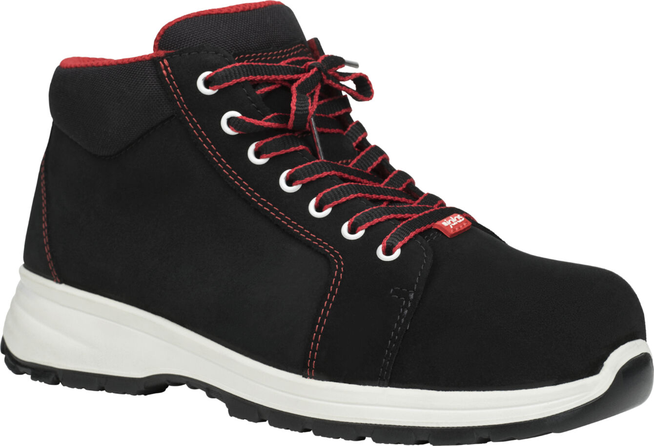 The shoe is a black half-shoe with red lining and laces. It has a sturdy sole and a slightly elevated shape, ideal for work or outdoor activities.