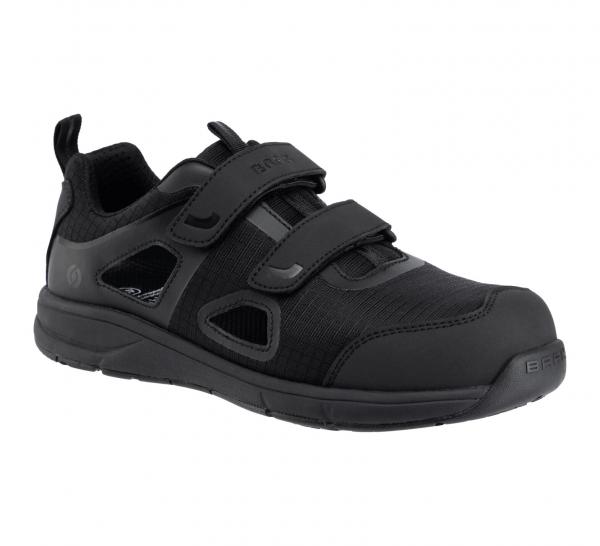 The shoe is black, has a sporty design, and is made of a mix of textile and plastic. It has two Velcro fasteners and a breathable upper material.