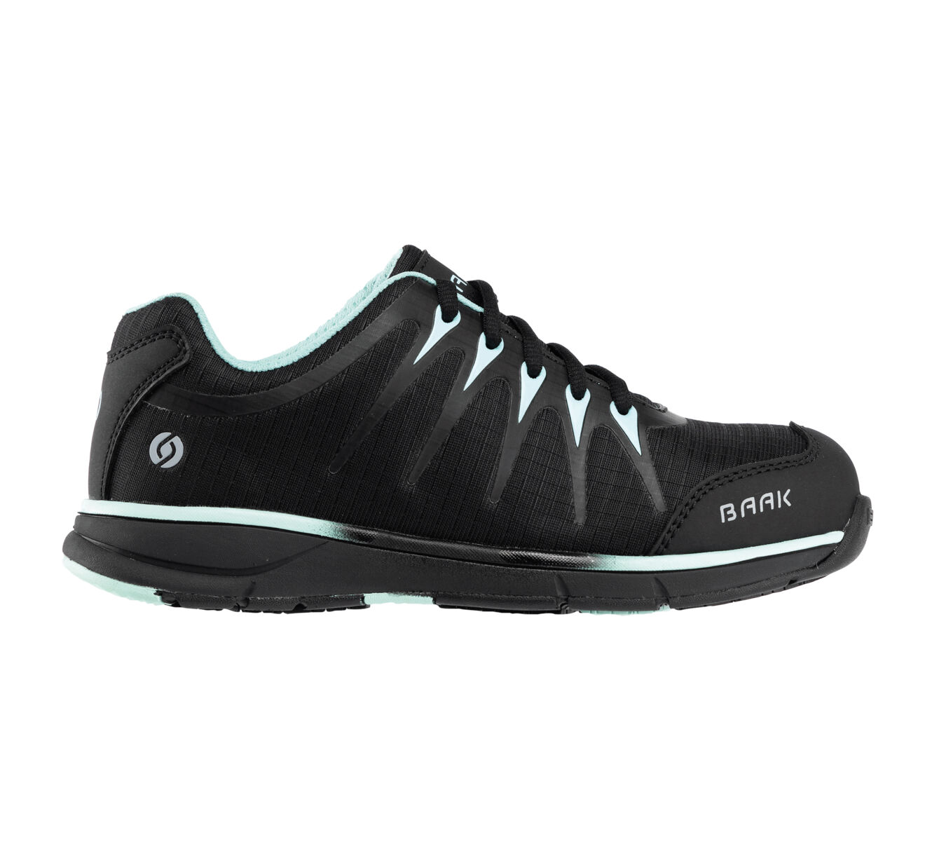 The shoe is black with a textured surface. The shoelaces are also black. A mint green accent runs along the sole and at the upper edge. The brand "BAARK" is visible on the side.