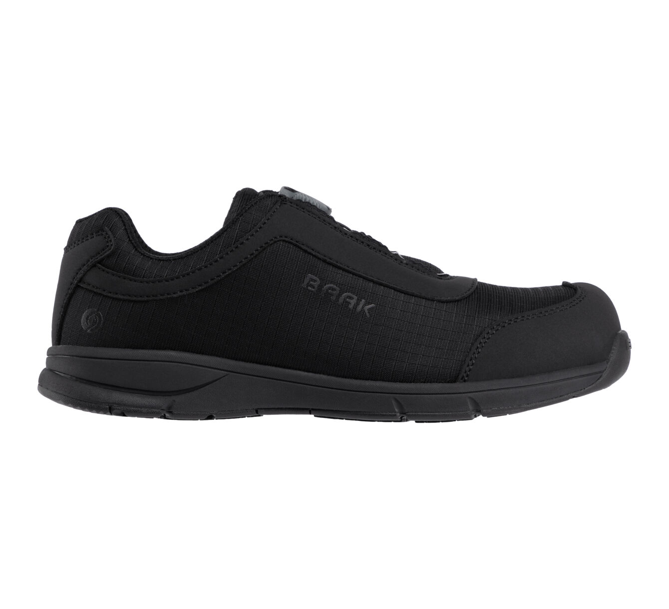 The shoe is black, with a smooth, textured surface. It has a sporty shape and is without laces, but with a Velcro fastener for a comfortable fit.