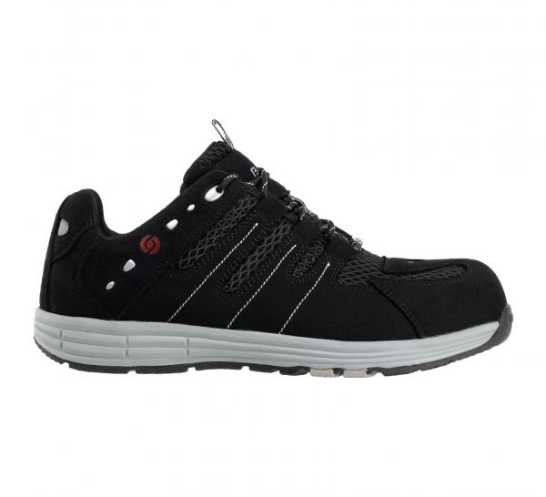 The shoe is sporty and black, with a flexible sole. It has laces and a modern design, ideal for activities and everyday use. The sole is brightly trimmed.