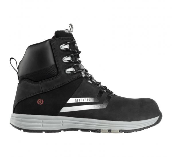 The shoe is a sturdy, black hiking boot with a tall design. It has a robust sole, laces, and reflective elements for better visibility.