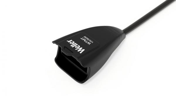 The image shows a black cable plug with a wide opening at one end. The plug is labeled "Weller" and appears sturdy, with a smooth surface and a long, thin cable.