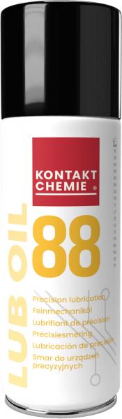 The image shows a spray can with a white base color. At the top is a black lid. In the center it reads "KONTAKT CHEMIE" and below that "LUB OIL 88" in yellow font.