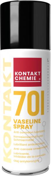 The image shows a spray can with a black cap and a white body. The label reads "KONTAKT CHEMIE" and "70I VASALINE SPRAY" in red and black. The design is modern and clear.