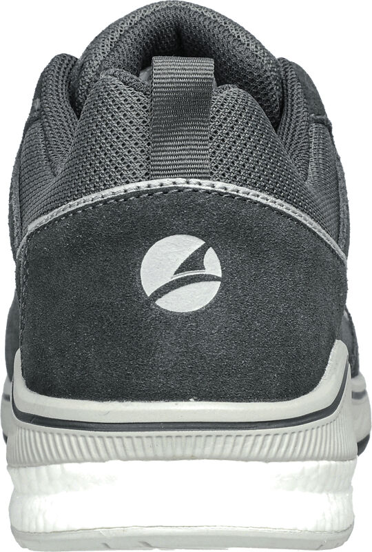 The image shows the rear view of a gray athletic shoe. The upper is made of breathable material, the sole is thick and white with a gray edge. A logo is visible on the heel.