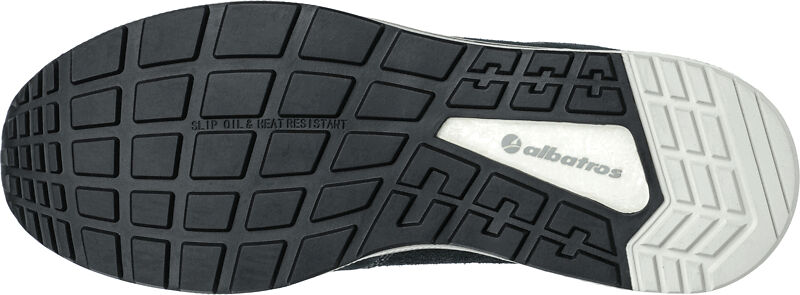 The image shows the sole of a shoe. It is black with a textured tread consisting of rectangular and square patterns. A gray area is visible on the side.