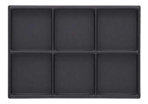 The image displays a rectangular, black tray with six square compartments. The compartments are evenly arranged and provide space for various dishes.