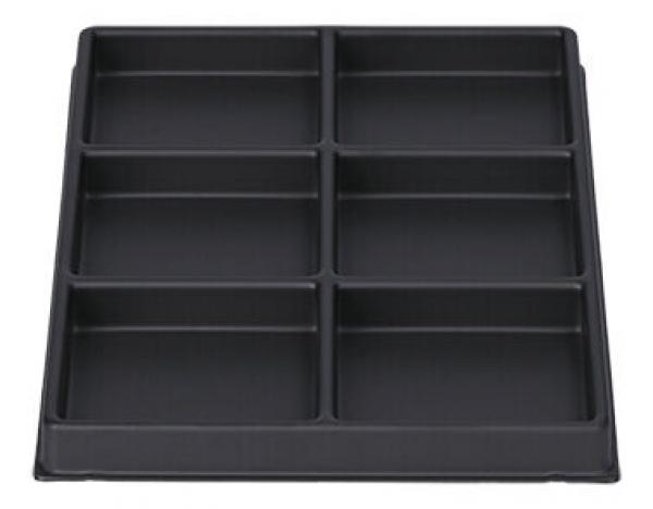 The image shows a square, black tray with six equally-sized, rectangular compartments. Each compartment has a uniform and flat design. It is practical for serving or storing food.