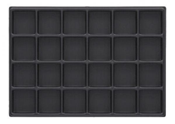 The image shows a rectangular, black baking pan with 24 equal-sized, square indentations arranged in a 4x6 grid. It is smooth and has a narrow rim.